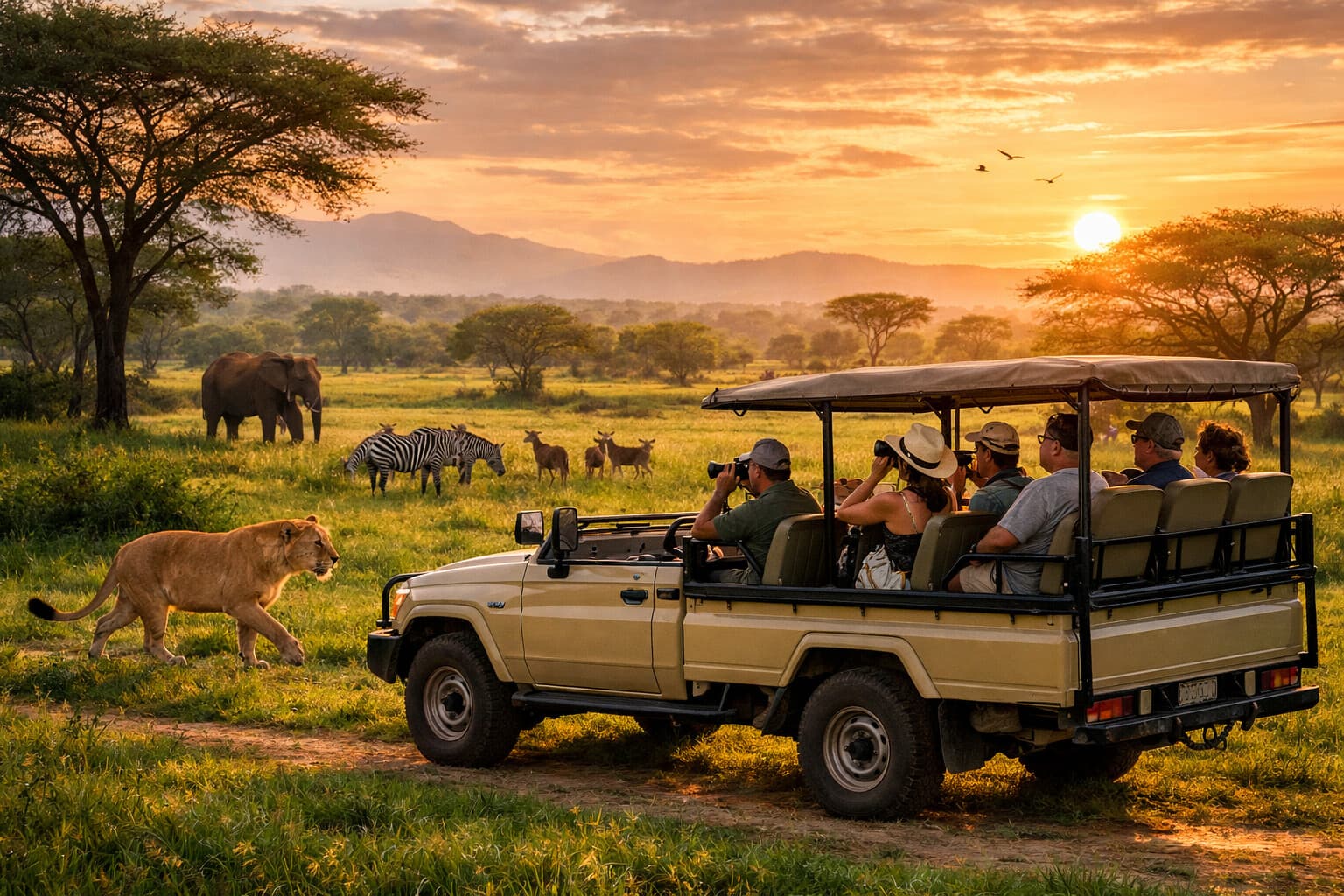 Image of a tourist vehicle carrying tourists across a lush Queen Elizabeth park showcasing the look of day game drives
