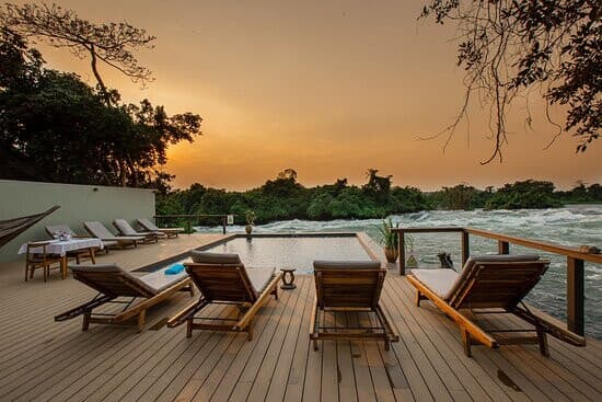 Luxury safari lodge overlooking savannah